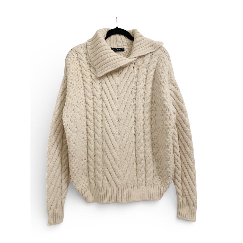 ZARA knit chunky cable fisherman sweater mock neck collar oversized beige Sz M